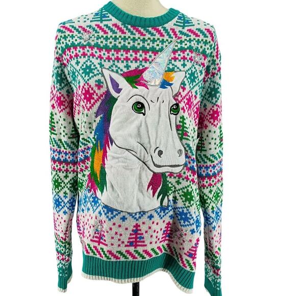 Blizzard Bay Sweaters - Blizzard Bay Rainbow Unicorn Holiday Sweater Unisex Large